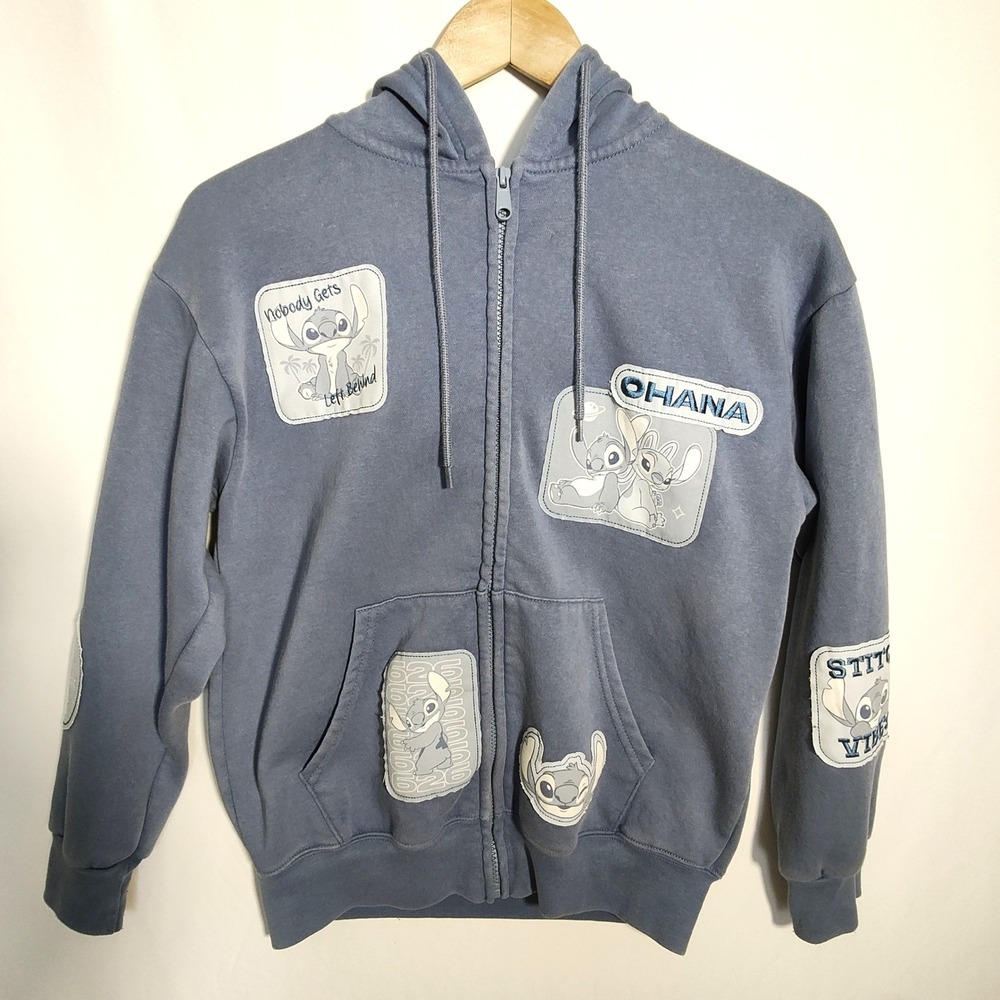 Disney Stitch Zip Up Hoodie Women's XS Blue Ohana Graphic Patches